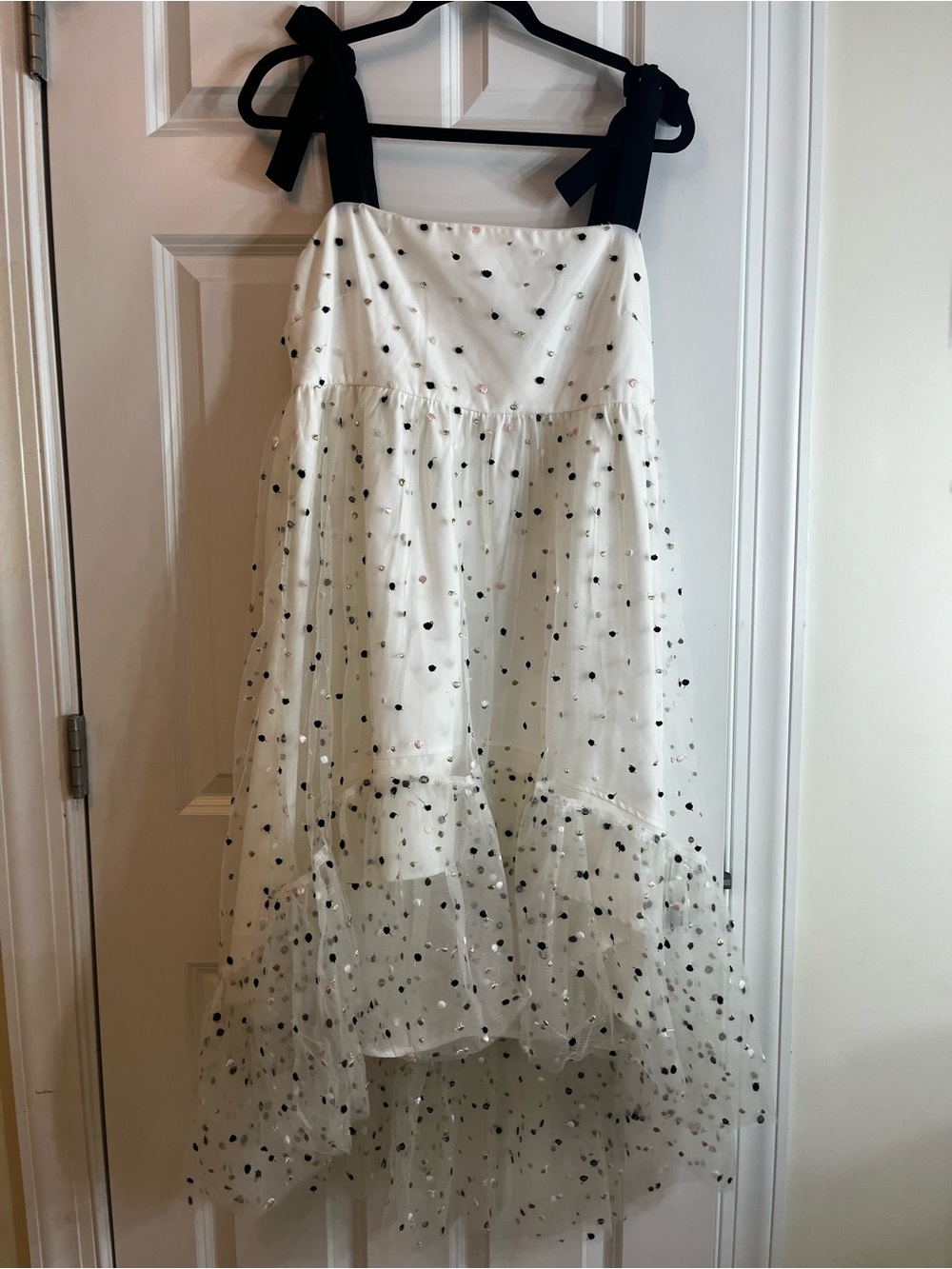 TCEC White Tulle High-Low Dress with Black Polka Dots & Black Tie Straps